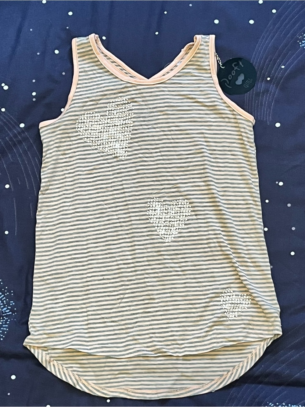 Girls Sz M NWT Striped POOF! Heart Tank Top - Light Gray & Pink
